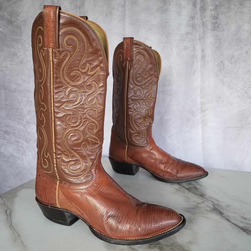 Vintage Hondo Teju Lizard Western Cowboy Boots Mens Size 8 D Brown